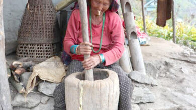 Photo of ओखलमा धान कुट्दै वृद्धा